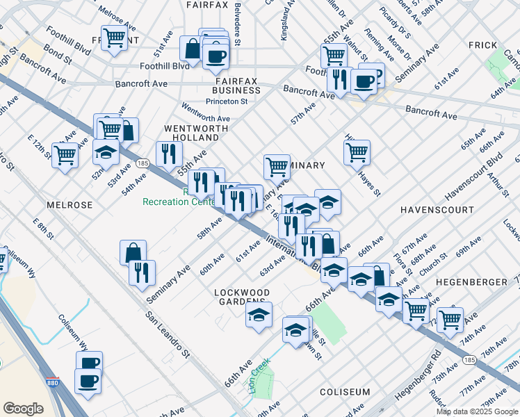 map of restaurants, bars, coffee shops, grocery stores, and more near 1419 Seminary Avenue in Oakland