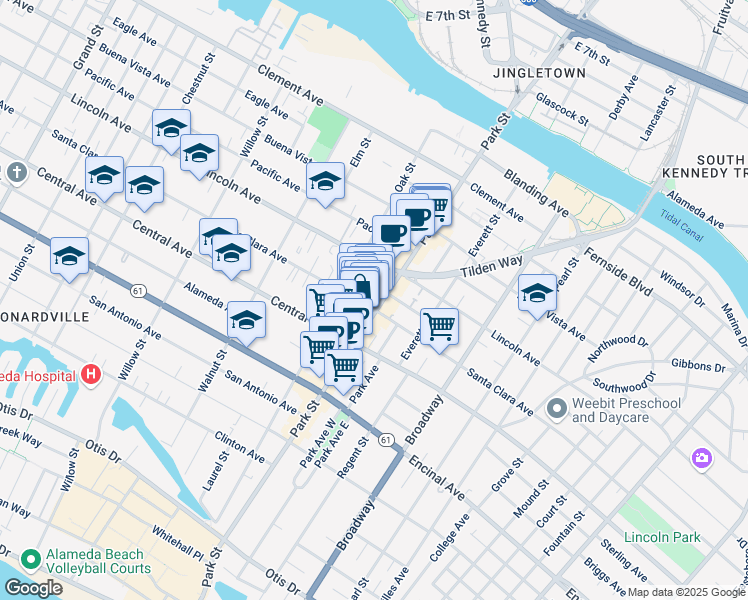 map of restaurants, bars, coffee shops, grocery stores, and more near 2318 Santa Clara Avenue in Alameda