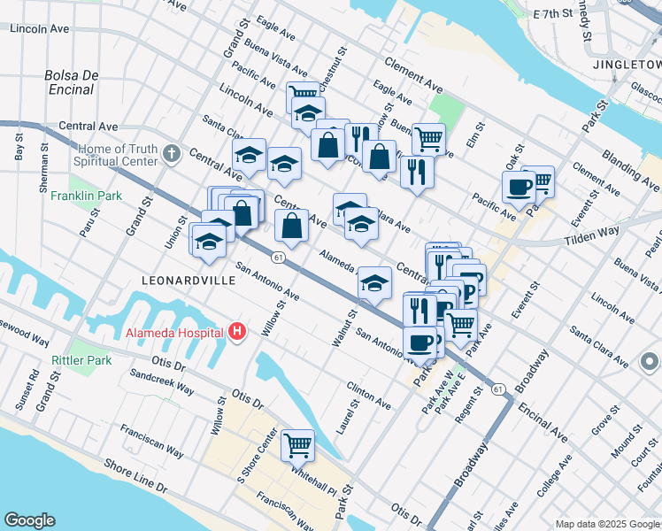 map of restaurants, bars, coffee shops, grocery stores, and more near 2121 Encinal Avenue in Alameda