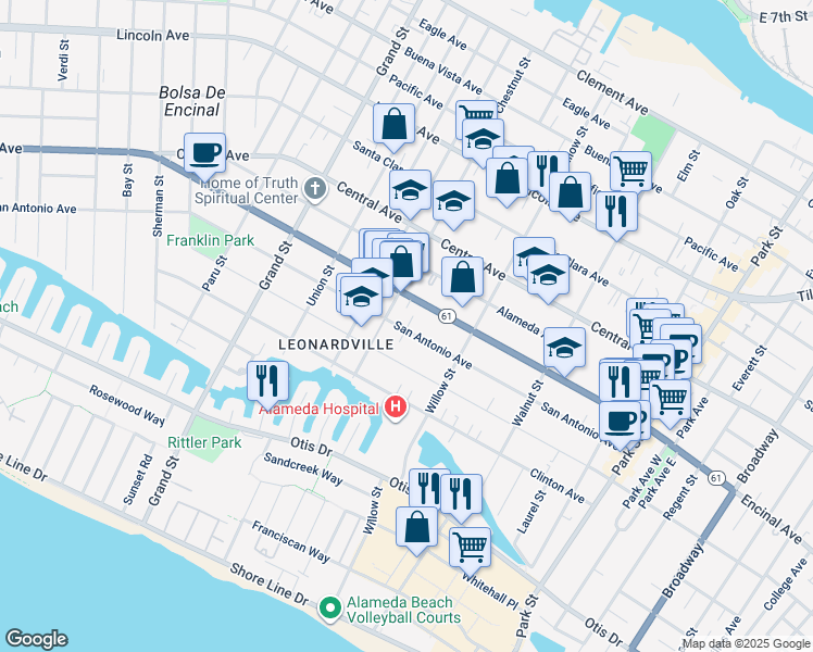 map of restaurants, bars, coffee shops, grocery stores, and more near 2033 San Antonio Avenue in Alameda