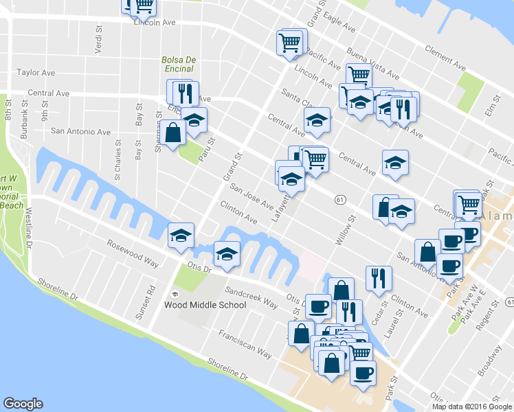 map of restaurants, bars, coffee shops, grocery stores, and more near 916 Union Street in Alameda