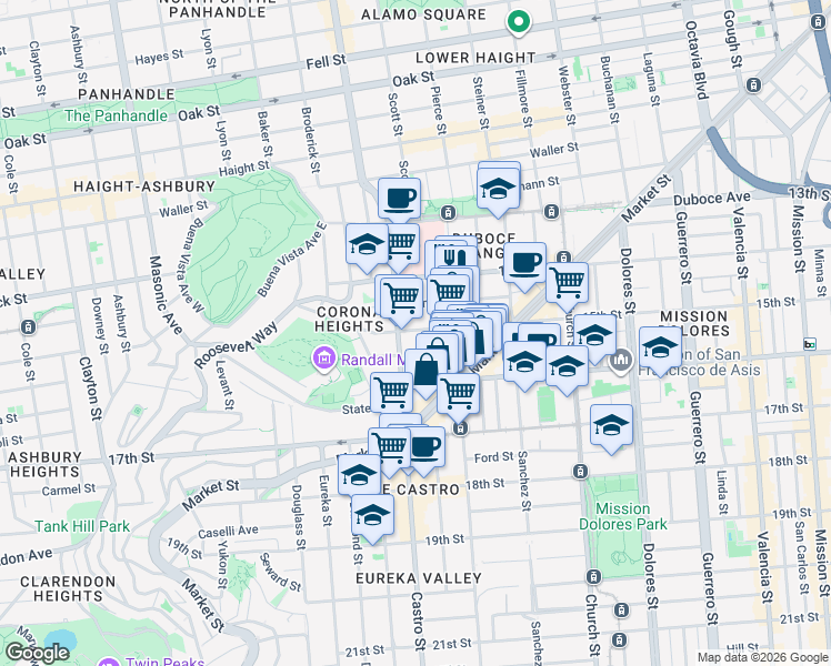 map of restaurants, bars, coffee shops, grocery stores, and more near 2257 15th Street in San Francisco