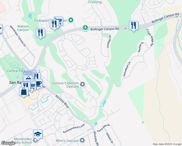 map of restaurants, bars, coffee shops, grocery stores, and more near 1364 Canyon Side Avenue in San Ramon
