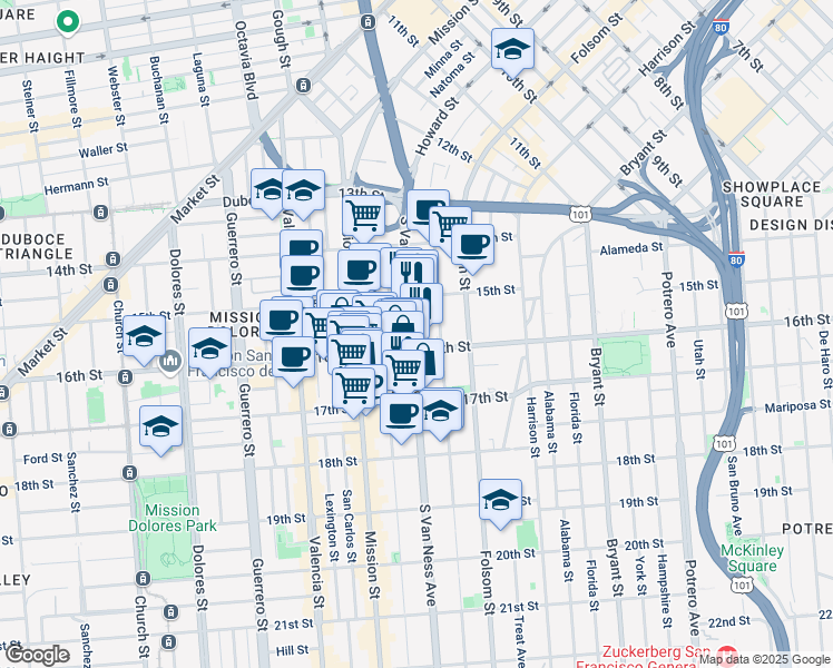 map of restaurants, bars, coffee shops, grocery stores, and more near 473 South Van Ness Avenue in San Francisco
