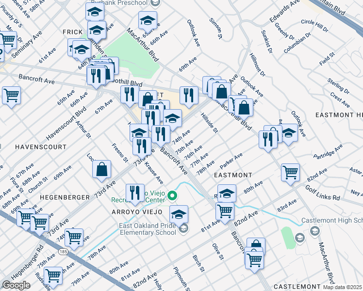 map of restaurants, bars, coffee shops, grocery stores, and more near 2535 75th Avenue in Oakland