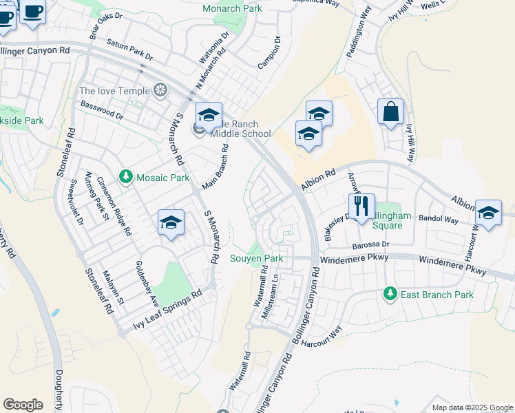 map of restaurants, bars, coffee shops, grocery stores, and more near 115 Arianna Lane in San Ramon