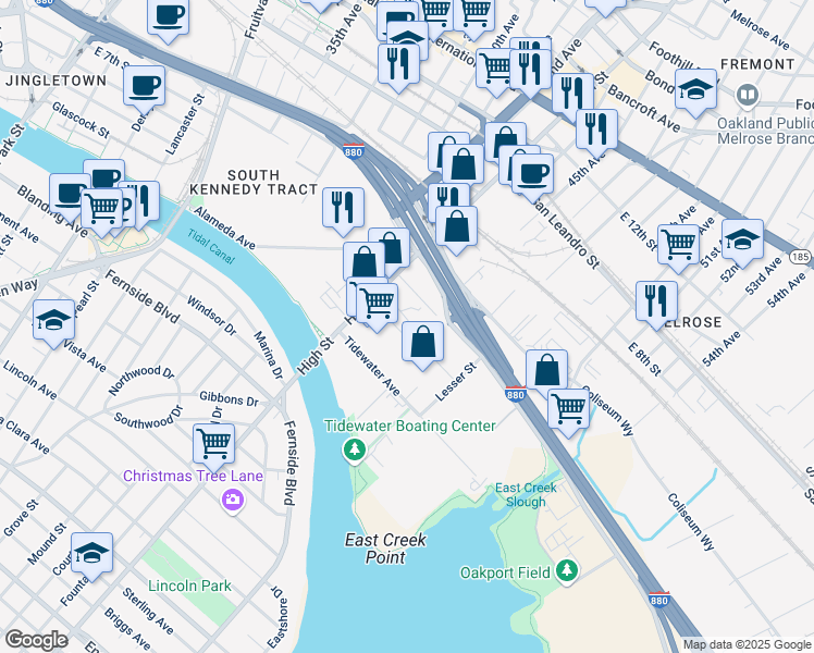 map of restaurants, bars, coffee shops, grocery stores, and more near 4341 Howard Street in Oakland
