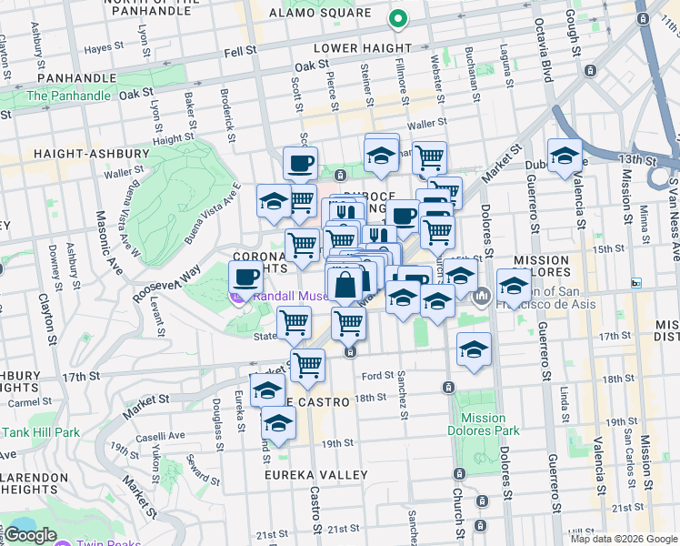 map of restaurants, bars, coffee shops, grocery stores, and more near 200-204 Noe Street in San Francisco