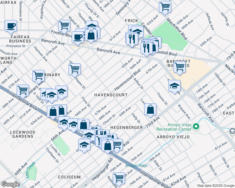 map of restaurants, bars, coffee shops, grocery stores, and more near 2427 67th Avenue in Oakland