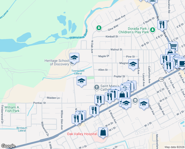map of restaurants, bars, coffee shops, grocery stores, and more near 230 North Oak Avenue in Oakdale