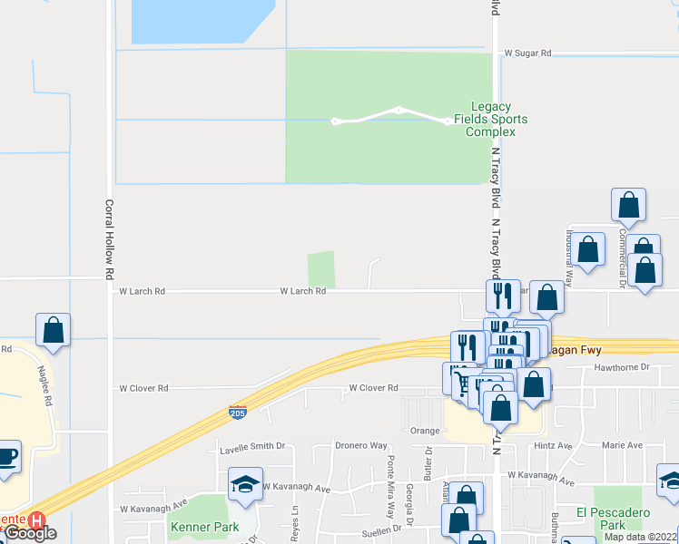 map of restaurants, bars, coffee shops, grocery stores, and more near 11075 West Larch Road in Tracy