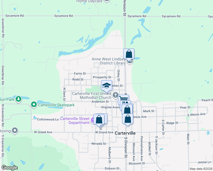 map of restaurants, bars, coffee shops, grocery stores, and more near 401 James Street in Carterville