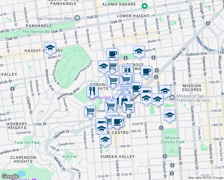 map of restaurants, bars, coffee shops, grocery stores, and more near Castro St & 15th St in San Francisco