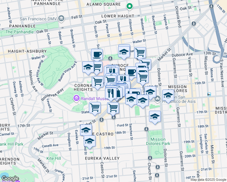 map of restaurants, bars, coffee shops, grocery stores, and more near 207 Noe Street in San Francisco
