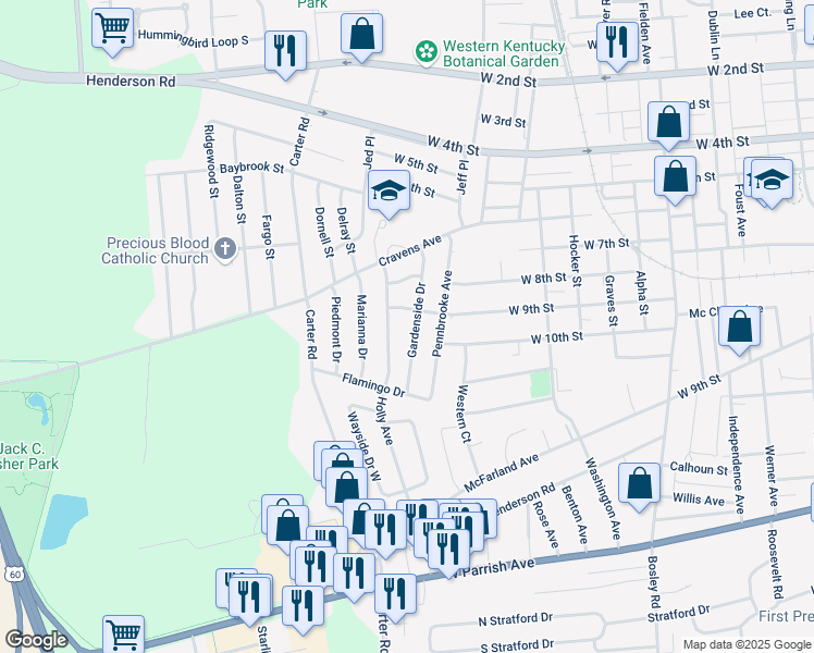 map of restaurants, bars, coffee shops, grocery stores, and more near 917 Gardenside Drive in Owensboro