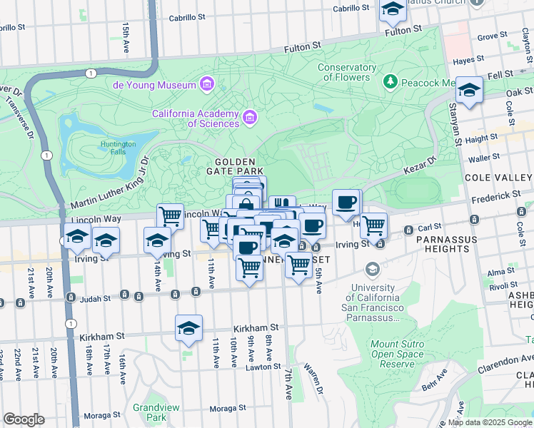 map of restaurants, bars, coffee shops, grocery stores, and more near 1221 7th Avenue in San Francisco