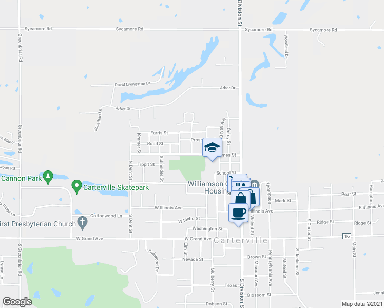 map of restaurants, bars, coffee shops, grocery stores, and more near 498 James Street in Carterville