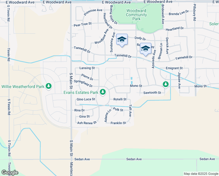 map of restaurants, bars, coffee shops, grocery stores, and more near 435 Springfield Drive in Manteca