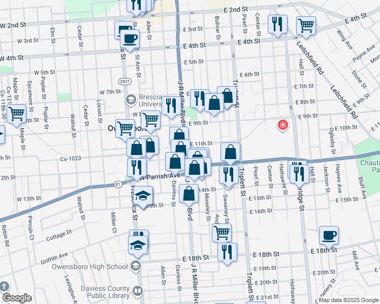 map of restaurants, bars, coffee shops, grocery stores, and more near 1101 J R Miller Boulevard in Owensboro