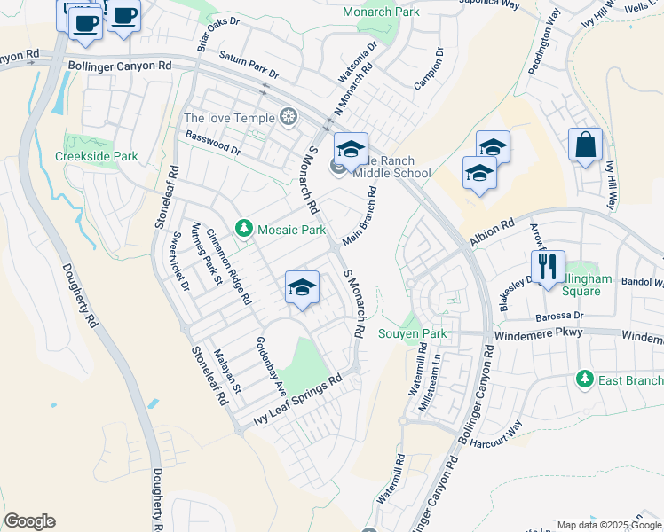map of restaurants, bars, coffee shops, grocery stores, and more near 1058 South Monarch Road in San Ramon