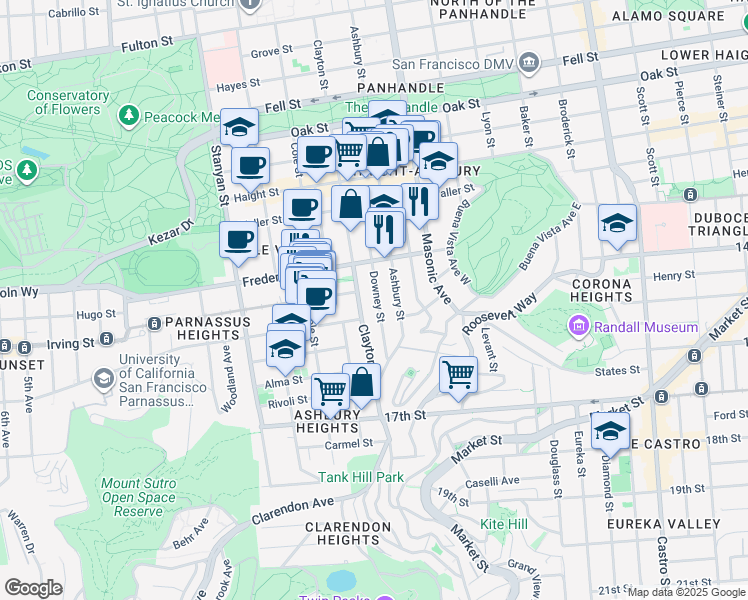 map of restaurants, bars, coffee shops, grocery stores, and more near 173 Downey Street in San Francisco