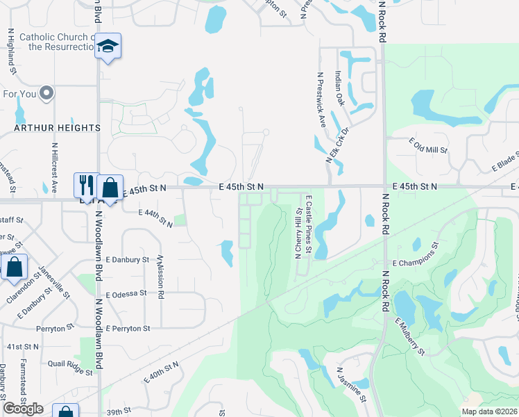 map of restaurants, bars, coffee shops, grocery stores, and more near 7227 East Shoal Creek Street in Wichita