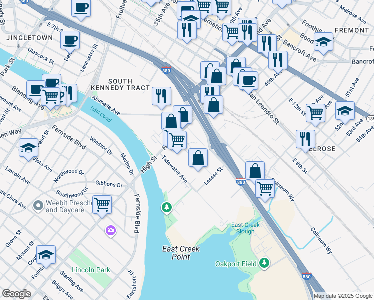 map of restaurants, bars, coffee shops, grocery stores, and more near 4341 Howard Street in Oakland