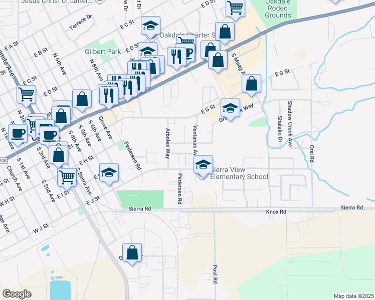 map of restaurants, bars, coffee shops, grocery stores, and more near 1266 Caballero Street in Oakdale