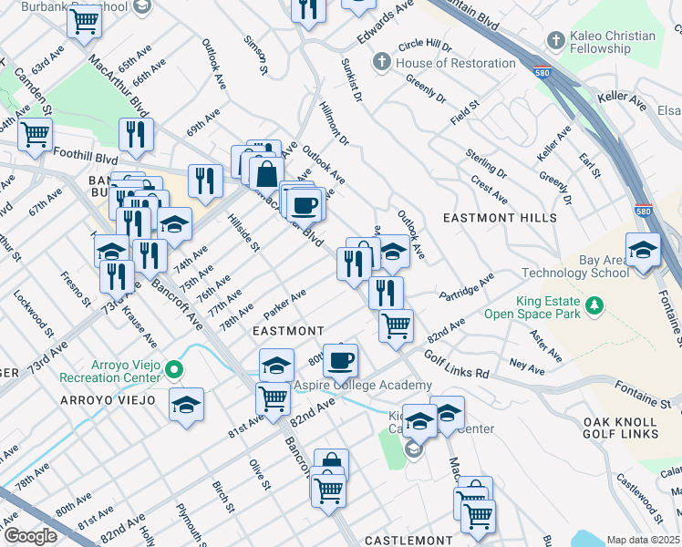 map of restaurants, bars, coffee shops, grocery stores, and more near 2782 Parker Avenue in Oakland