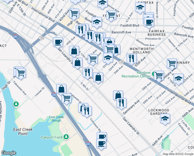 map of restaurants, bars, coffee shops, grocery stores, and more near in Oakland