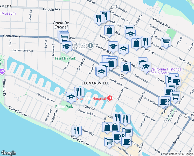 map of restaurants, bars, coffee shops, grocery stores, and more near 1831 San Jose Avenue in Alameda