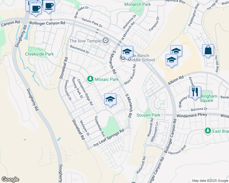 map of restaurants, bars, coffee shops, grocery stores, and more near 3045 Blackberry Avenue in San Ramon