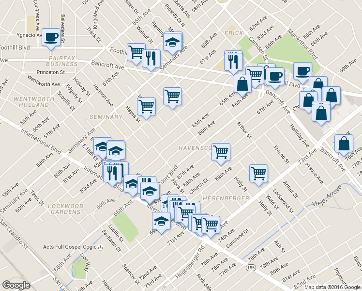 map of restaurants, bars, coffee shops, grocery stores, and more near 2251 Havenscourt Boulevard in Oakland