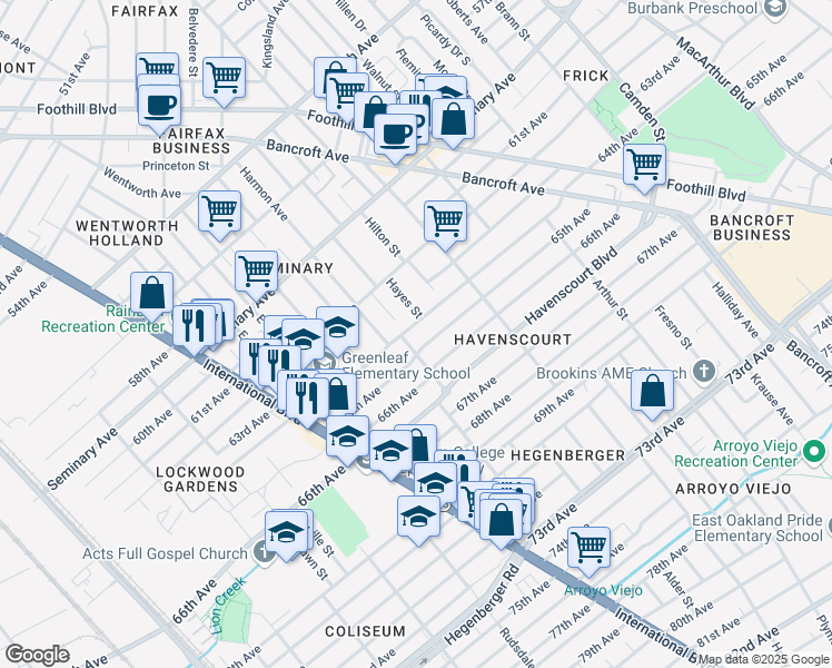 map of restaurants, bars, coffee shops, grocery stores, and more near 2068 64th Avenue in Oakland