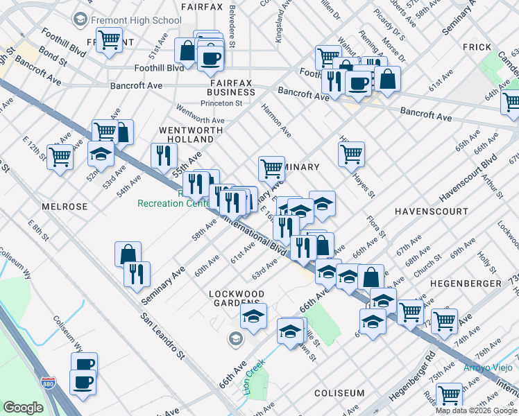 map of restaurants, bars, coffee shops, grocery stores, and more near 5945 East 16th Street in Oakland