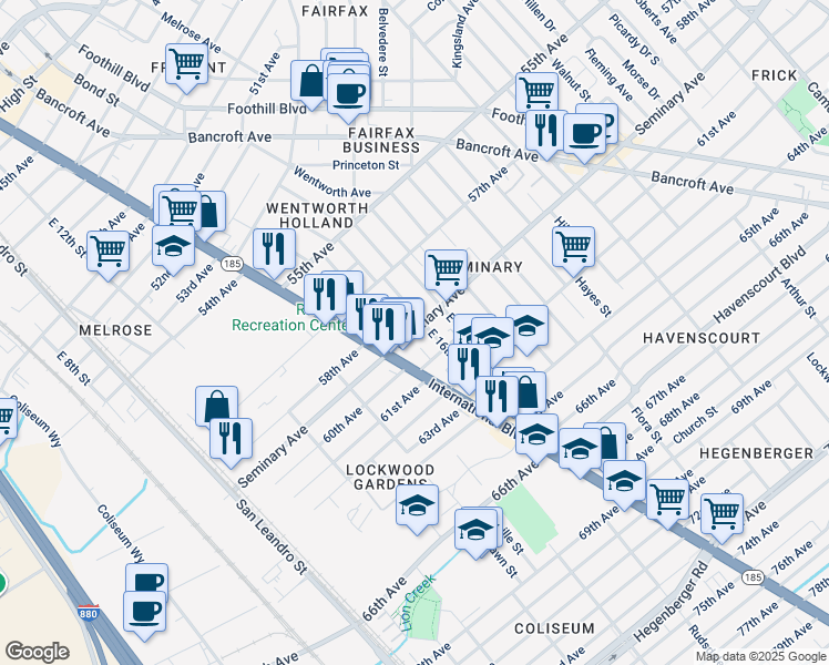 map of restaurants, bars, coffee shops, grocery stores, and more near 1419 Seminary Avenue in Oakland