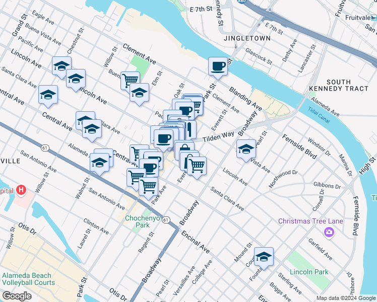 map of restaurants, bars, coffee shops, grocery stores, and more near 1537 Everett Street in Alameda