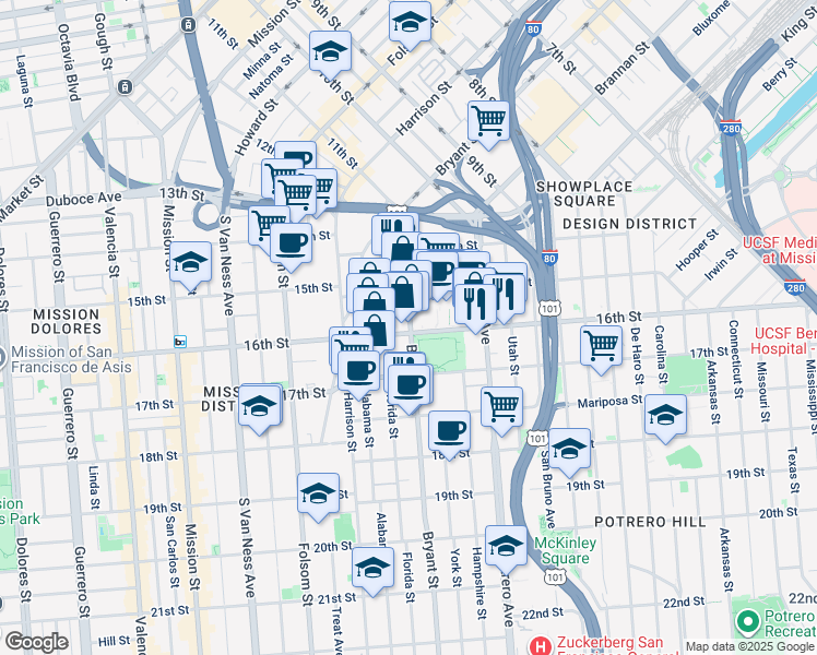 map of restaurants, bars, coffee shops, grocery stores, and more near 2401 16th Street in San Francisco