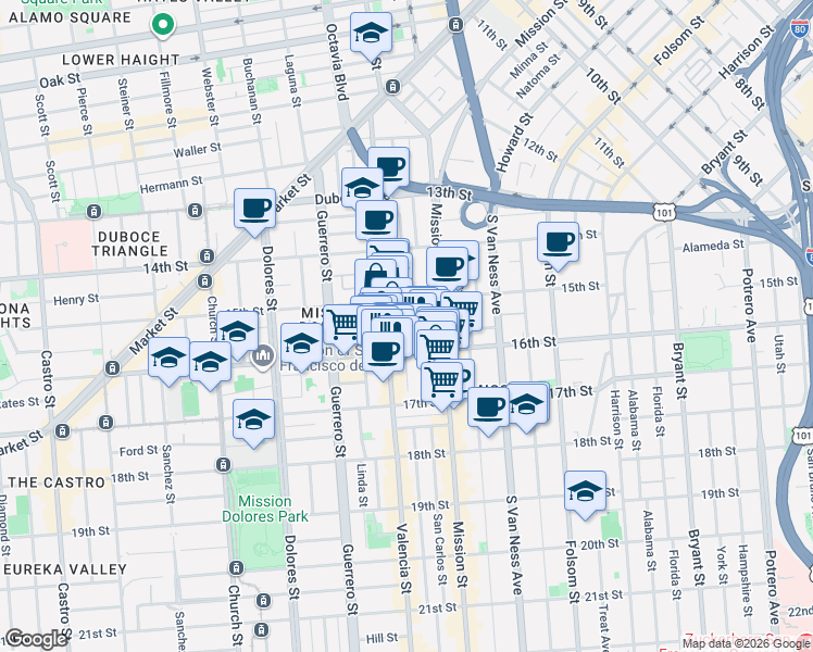 map of restaurants, bars, coffee shops, grocery stores, and more near 173 Julian Avenue in San Francisco