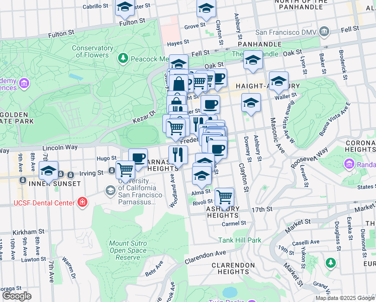 map of restaurants, bars, coffee shops, grocery stores, and more near 9600 Stanyan Street in San Francisco