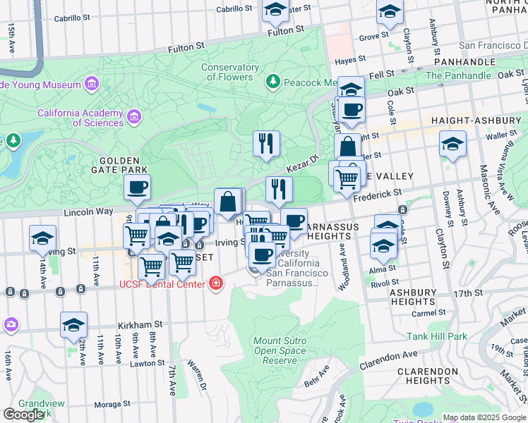 map of restaurants, bars, coffee shops, grocery stores, and more near 1242 2nd Avenue in San Francisco