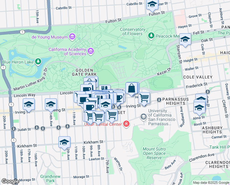 map of restaurants, bars, coffee shops, grocery stores, and more near 1234 6th Avenue in San Francisco