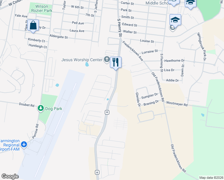 map of restaurants, bars, coffee shops, grocery stores, and more near 3302 Highway H in Farmington