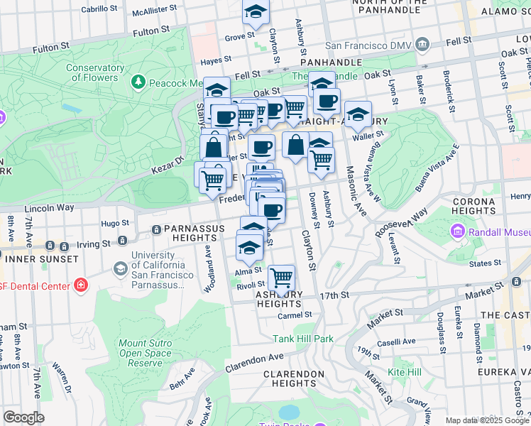 map of restaurants, bars, coffee shops, grocery stores, and more near Cole St & Carl St in San Francisco