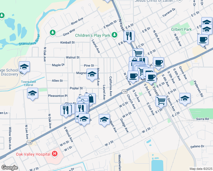 map of restaurants, bars, coffee shops, grocery stores, and more near 422 Poplar Street in Oakdale