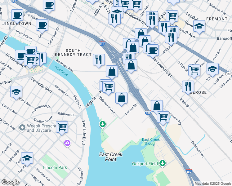 map of restaurants, bars, coffee shops, grocery stores, and more near 4341 Howard Street in Oakland