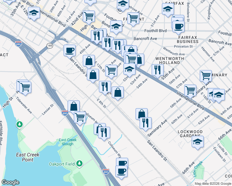 map of restaurants, bars, coffee shops, grocery stores, and more near 5212 East 10th Street in Oakland