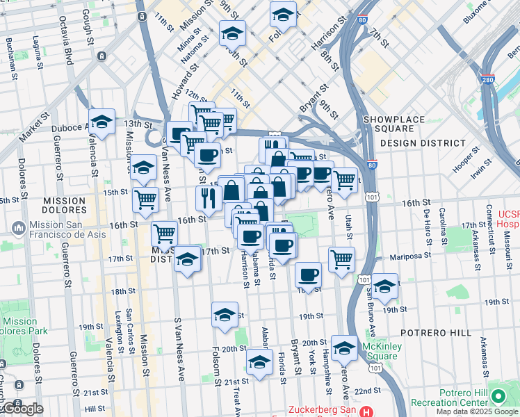 map of restaurants, bars, coffee shops, grocery stores, and more near 2500 16th Street in San Francisco