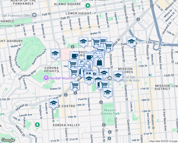 map of restaurants, bars, coffee shops, grocery stores, and more near 30 Sharon Street in San Francisco