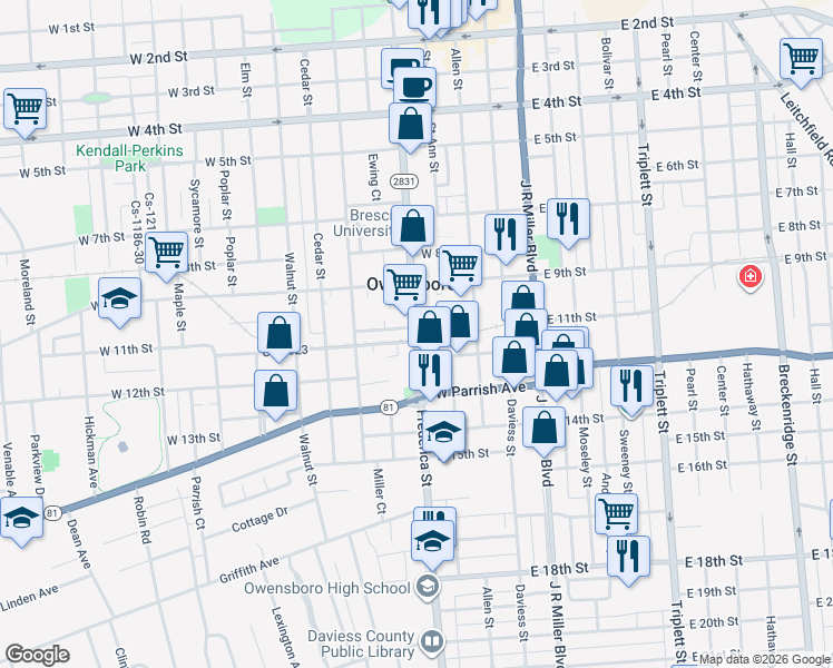map of restaurants, bars, coffee shops, grocery stores, and more near 1039 Frederica Street in Owensboro